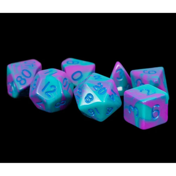 Mini Polyhedral Dice Set: Purple/Teal with Blue Numbers